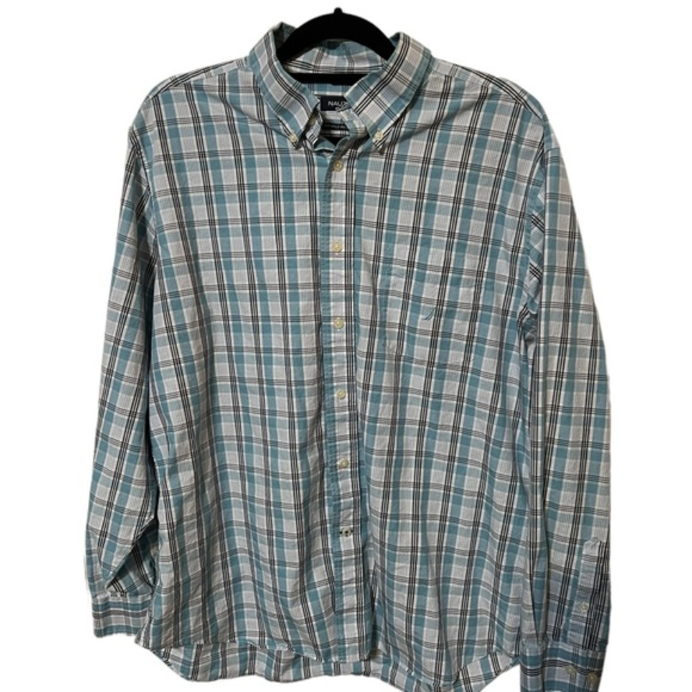 Nautica Blue and White Plaid Long Sleeve Button Down Top 100% Cotton Size XL